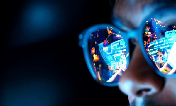 Man gazes thoughtfully while reflecting urban city lights in sunglasses at night