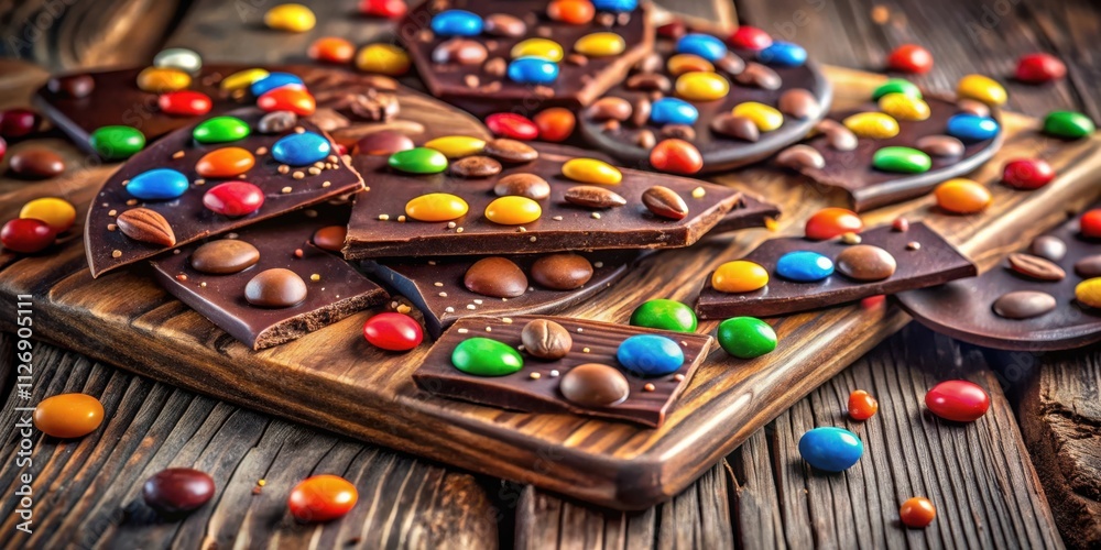 Aufkleber a close-up of artisan chocolate bark topped with colorful candy and nuts, resting on a rustic wooden