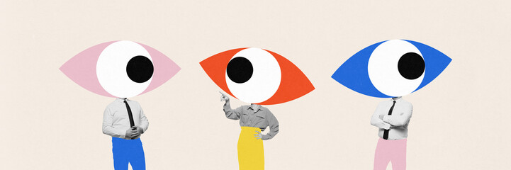 Contemporary art collage. People with heads replaced by large abstract eyes in pink, red, and blue...