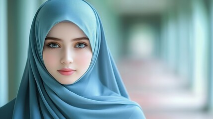 Naklejka premium A woman wearing a blue scarf with her eyes closed. The woman is smiling and looking at the camera