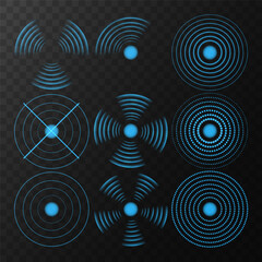 Fototapeta premium Glowing Blue Sensor Wave Effect: Neon Radar and Sonar Signal Rings for Wireless Technology, Internet Connection, and Digital Monitoring on Transparent Background