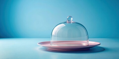 A glass dome sits atop a pastel pink plate, resting on a vibrant blue surface, creating a minimalist and inviting composition.