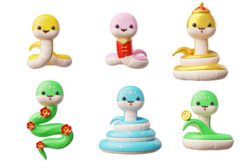 Fototapeta premium Vector 3d set of illustrations with cute snakes, different colors on an isolated background.