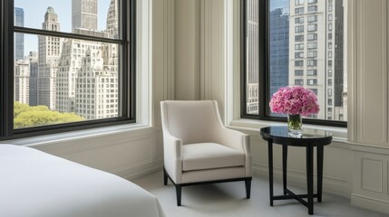 Cozy hotel room with modern decor and city skyline view through windows