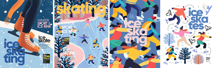 Ice skates. Ice skating on the ice rink. Vector illustration of winter sport, people skating in the park on vacation on weekend, trees, nature for poster, background or flyer