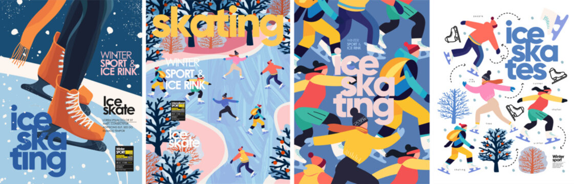 Ice skates. Ice skating on the ice rink. Vector illustration of winter sport, people skating in the park on vacation on weekend, trees, nature for poster, background or flyer