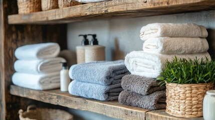 Organized bathroom shelf with folded towels cozy home interior decor rustic vibe close-up serenity and comfort