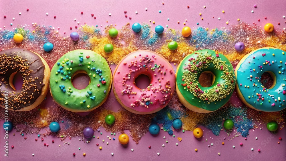 Poster A delightful row of colorful donuts adorned with sprinkles and scattered with colorful candies on a pink background.