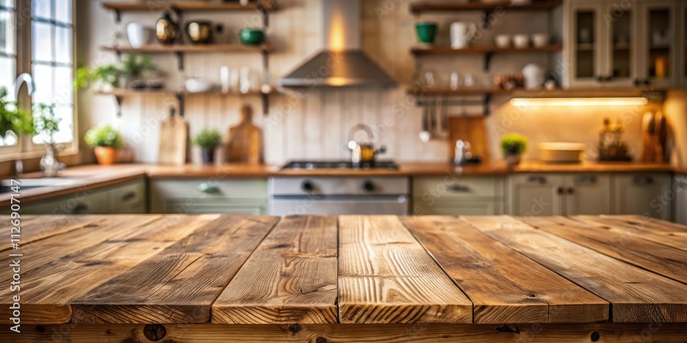 Poster rustic wooden tabletop with a blurred background of a cozy kitchen with open shelving and a gleaming