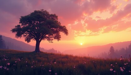 Fototapeta premium Majestic Oak Tree Silhouette at Sunset Over Grassy Hill