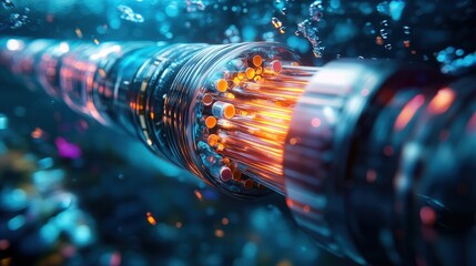 Hyper-realistic macro of a submarine communication cable cross-section with copper and fiber core, underwater lighting, bioluminescent organisms, digital stock image, and scientific illustration.