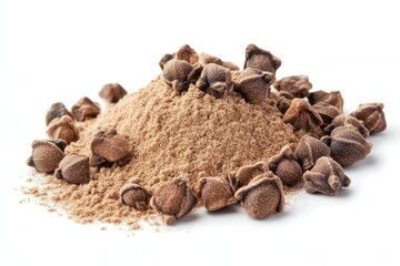 Obraz premium Ground spices and whole seeds arranged together on a white background for culinary use and flavor enhancement