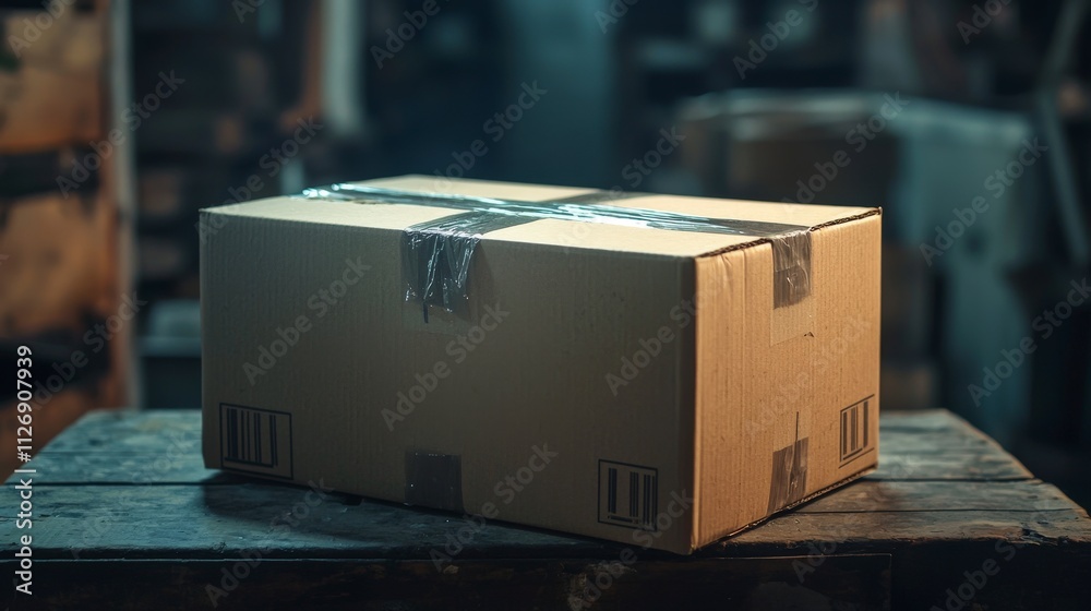 Poster Efficient shipping solutions neatly folded cardboard box inside warehouse environment focus on packaging concept