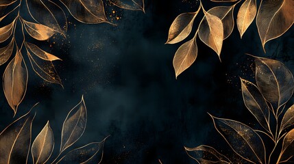 Obraz premium Golden Leaves Frame on Dark Background Design
