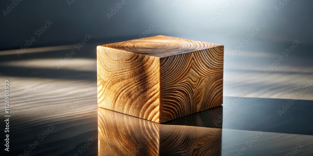 Poster A wooden cube with intricate grain patterns rests on a glossy surface, bathed in a soft, ethereal light.