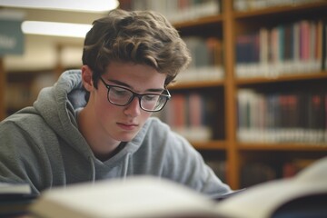 A male student focused and determined, studying diligently at the high school library, surrounded by resources to help him excel academically and achieve his educational goals.