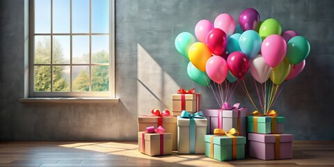 A festive collection of colorful balloons and beautifully wrapped presents in a room with a window and natural light.