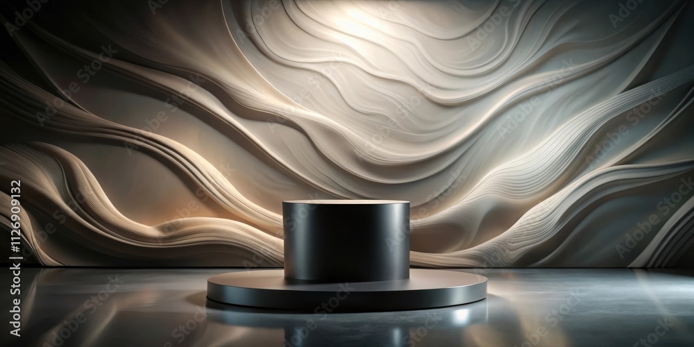 Aufkleber a minimalist presentation of a black cylinder platform set against a textured white wall with soft l