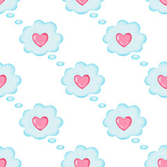 seamless pattern with watercolor hearts, Romantic pink watercolor hearts with clouds seamless pattern, cloud label pattern