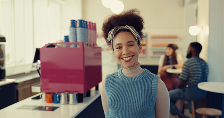 Happy, pride and portrait of woman in coffee shop with positive attitude for restaurant on holiday....