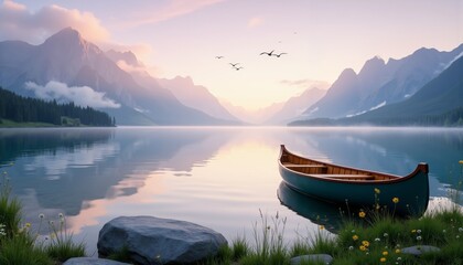Obraz premium Serene Mountain Lake at Dawn with Canoe Reflection in Nature