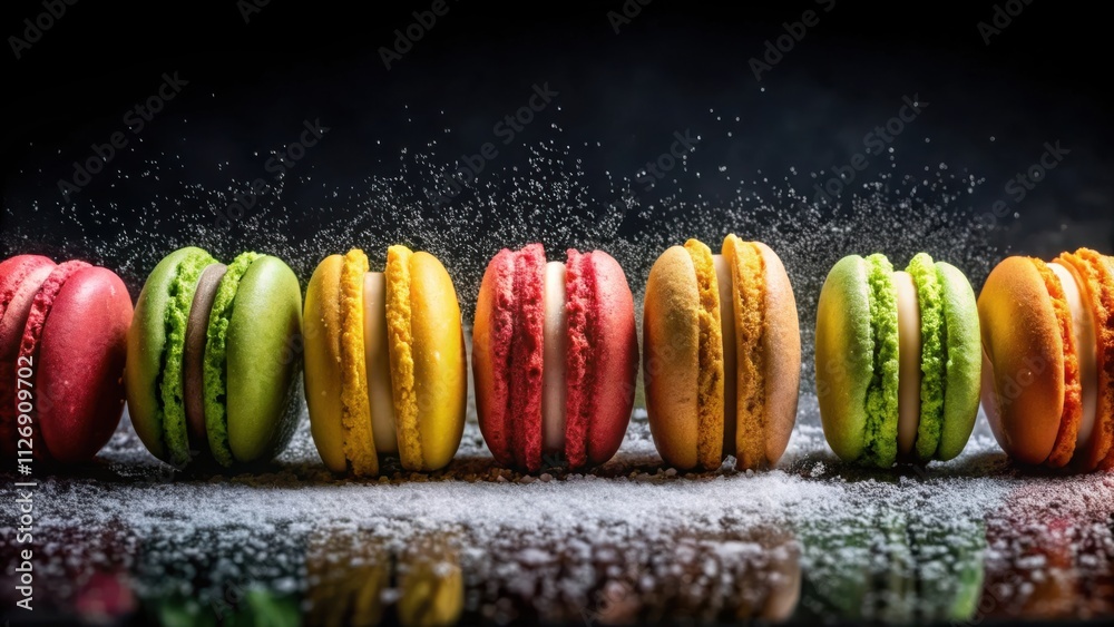 Poster A row of colorful macarons dusted with powdered sugar on a dark background. The macarons are arranged in a line, with each one slightly different in color and size.