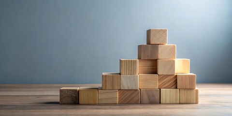 A stack of wooden blocks forming a pyramid shape, symbolizing growth and progress, standing on a wooden surface against a plain blue backdrop