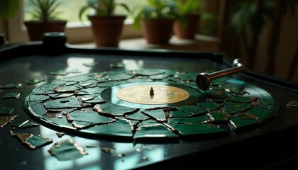 Shattered Vintage Vinyl Record on Black Grand Piano Surface