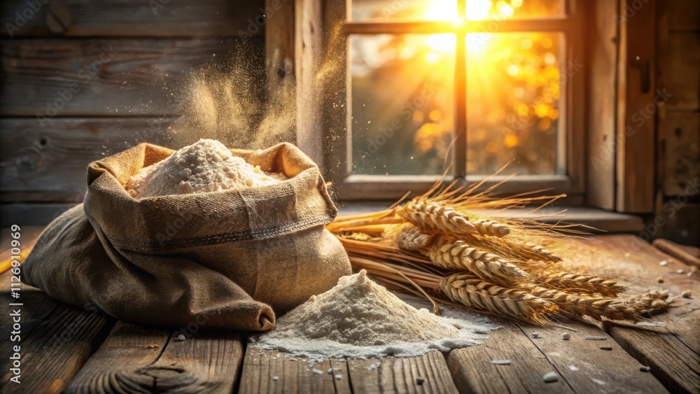 Poster A burlap sack filled with flour sits on a wooden table with wheat stalks and dust particles illuminated by the warm glow of a window