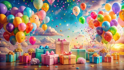 A celebration filled with vibrant balloons, confetti, and beautifully wrapped presents, capturing the joy and excitement of a special occasion.