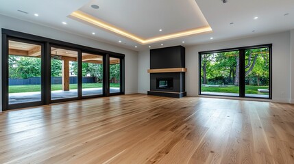 Obraz premium Modern Spacious Living Room with Elegant Hardwood Flooring, Large Windows and Cozy Fireplace Overlooking Green Outdoor Space and Natural Light
