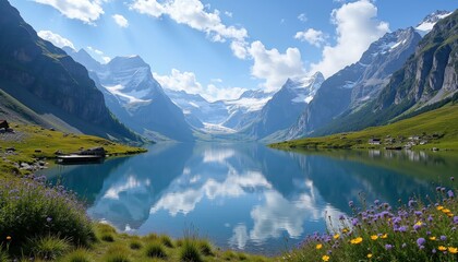 Fototapeta premium Tranquil Alpine Lake Reflecting Snow-Capped Mountains with Wildflowers