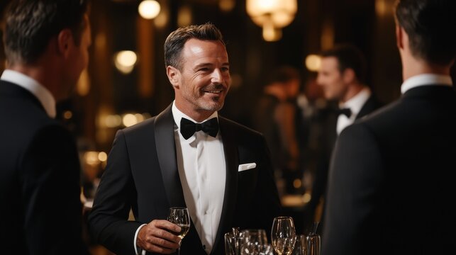 Elegant Black-Tie Affair - Men in Tuxedos at a Luxurious Soiree