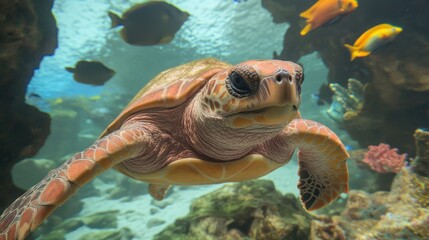 Fototapeta premium Curious Green Sea Turtle Swimming Gracefully Underwater in Vibrant Coral Reef