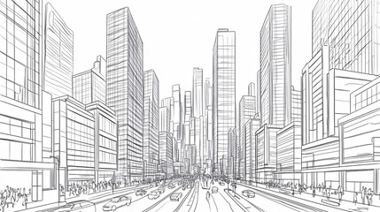 Line drawing of a bustling cityscape with towering skyscrapers and busy streets, representing urban development and modern architecture. 
