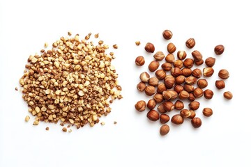 Chopped and whole hazelnuts arranged on a white surface showcasing their textures and colors