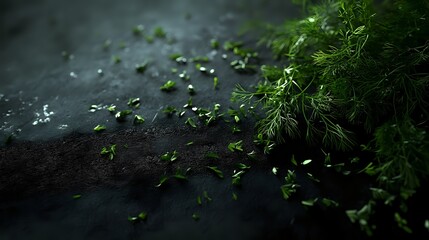 Fresh dill and parsley sprigs scattered on dark surface.