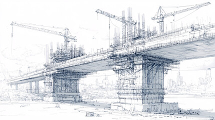 Fototapeta premium Line drawing of a massive bridge under construction, cranes and workers visible, symbolizing civil engineering and infrastructure development. 