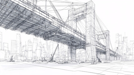 Line drawing of a massive bridge under construction, cranes and workers visible, symbolizing civil engineering and infrastructure development. 
