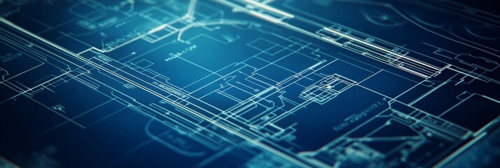 Fototapeta premium A digital blueprint with intricate lines and patterns set against a deep blue background, showcasing architectural and engineering designs.