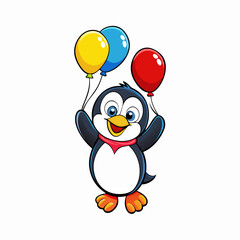 A cute cartoon penguin holding three colorful balloons