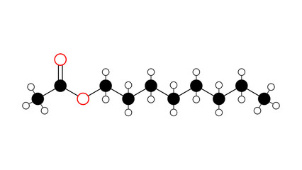 octyl acetate molecule, structural chemical formula, ball-and-stick model, isolated image ester