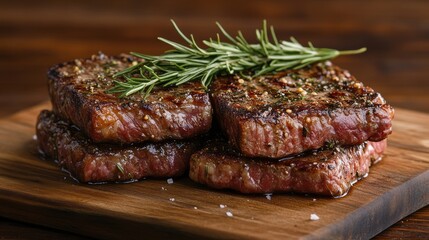 a stack of steaks with rosemary