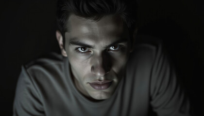 Fototapeta premium Intense close up portrait of a young man's face shadowed and serious.