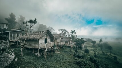 Traditional Wooden Houses in a Foggy Forest Village Scene
