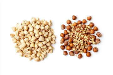 Fototapeta premium Various types of nuts and seeds displayed on a white background showcasing their textures and colors