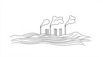 Fototapeta premium Minimalist line drawing of a geothermal power plant with steam rising from the ground, representing renewable energy sources. 