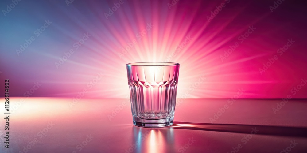 Poster a single, empty glass tumbler with a radiant glow emanating from behind it, set on a smooth surface
