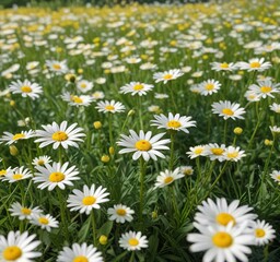 Fototapeta premium Dreamy meadow of yellow and white daisy flowers in springtime, peaceful, daisy, flowers, mood