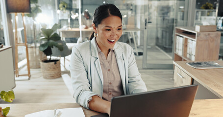 Business, woman and smile on laptop at office on email with good news, positive feedback and...